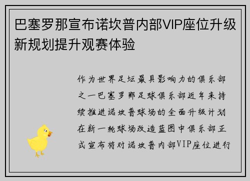 巴塞罗那宣布诺坎普内部VIP座位升级新规划提升观赛体验 巴塞罗那宣布诺坎普内部VIP座位升级新规划提升观赛体验